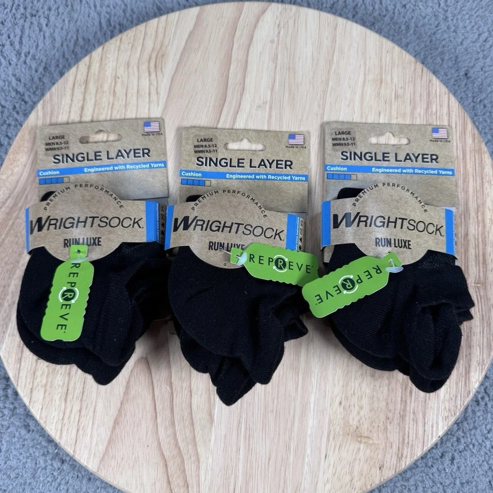 Wrightsock Run Luxe Large M 8.5-12 W 9.5-11 Black Cushion Single Layer 3 Pairs